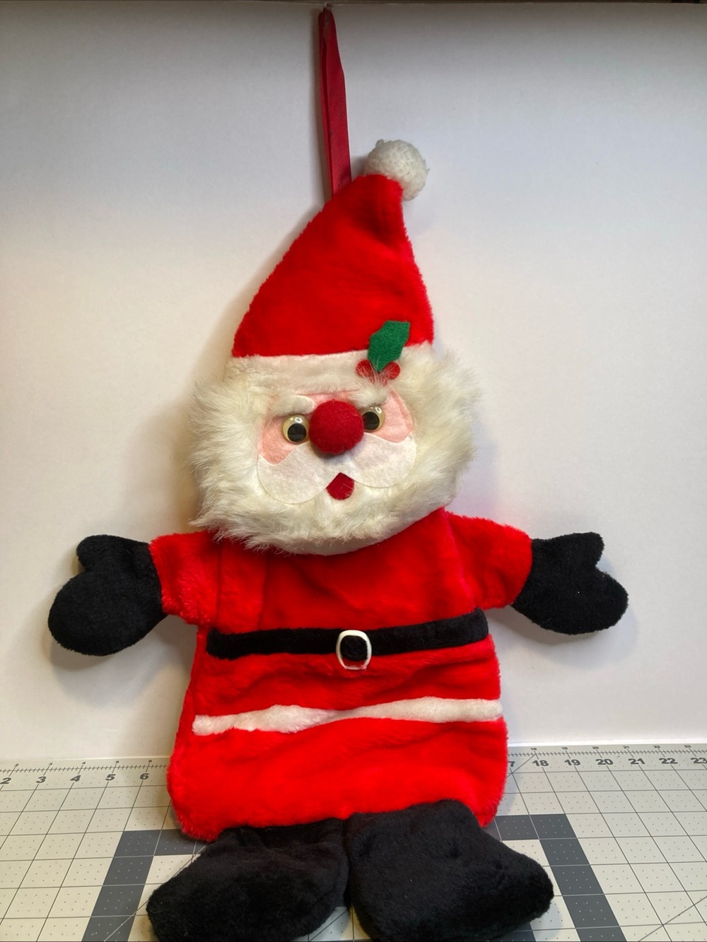 Vintage Plush Googly Eyes Santa Claus Stocking Double Sided Christmas Bag 24”